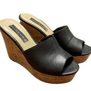 Steven by Steve Madden Retro 90s Style P. Farahh Black Leather Cork Wedge Heels